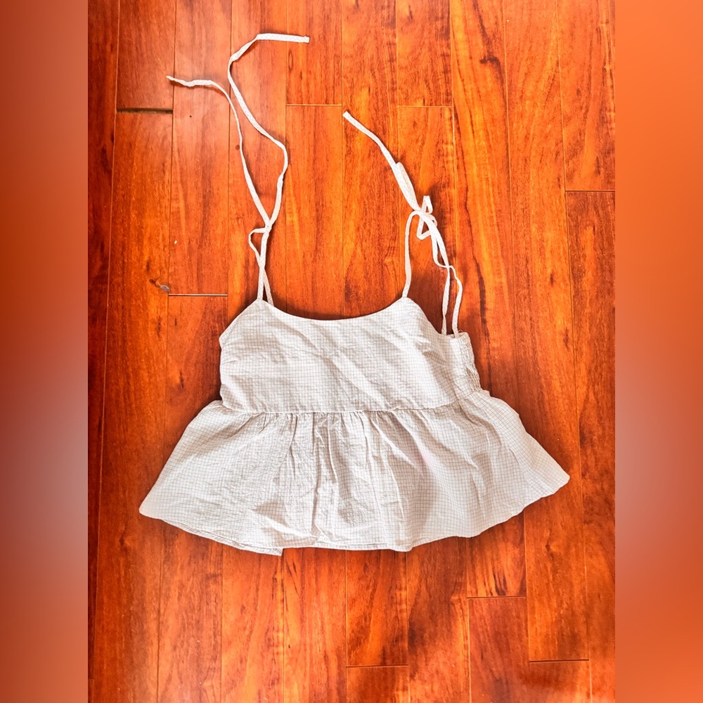 White And Beige Gingham Pattern Lightweight Ruffle Hem Cami Top with Tie Straps
